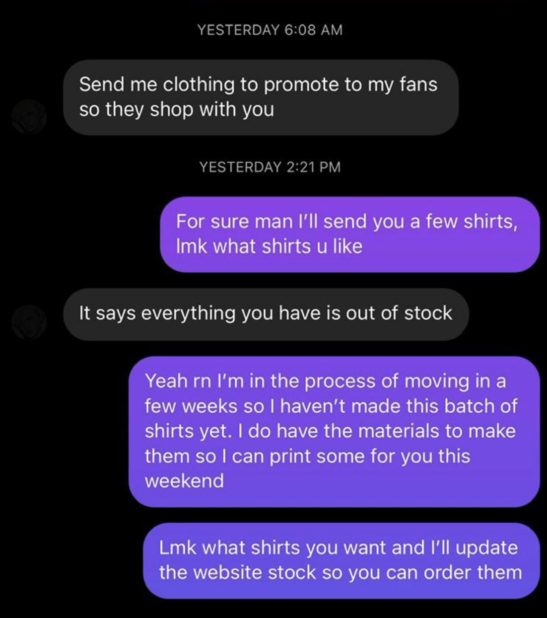&quot;Lmk what shirts you want&quot;