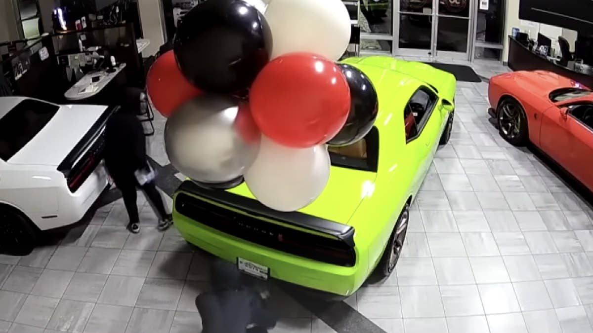 Surveillance footage captured thieves helping themselves to six new 2023 Dodge Challenger Hellcats from the showroom of a Kentucky dealership.