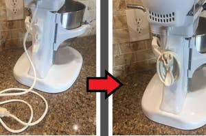 Before-and-after showing unorganized cord on the left and wrapped cord on the right using attachment