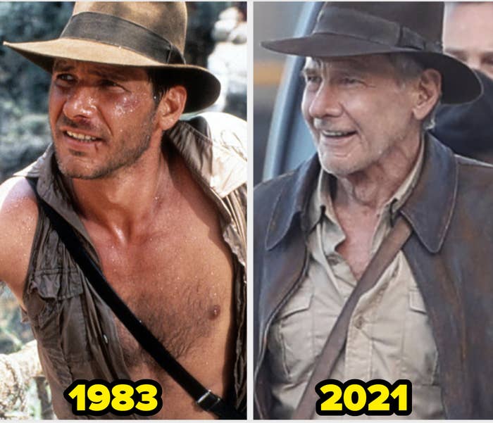 Harrison Ford as Indiana Jones in 1983 on the left and in 2021 on the right