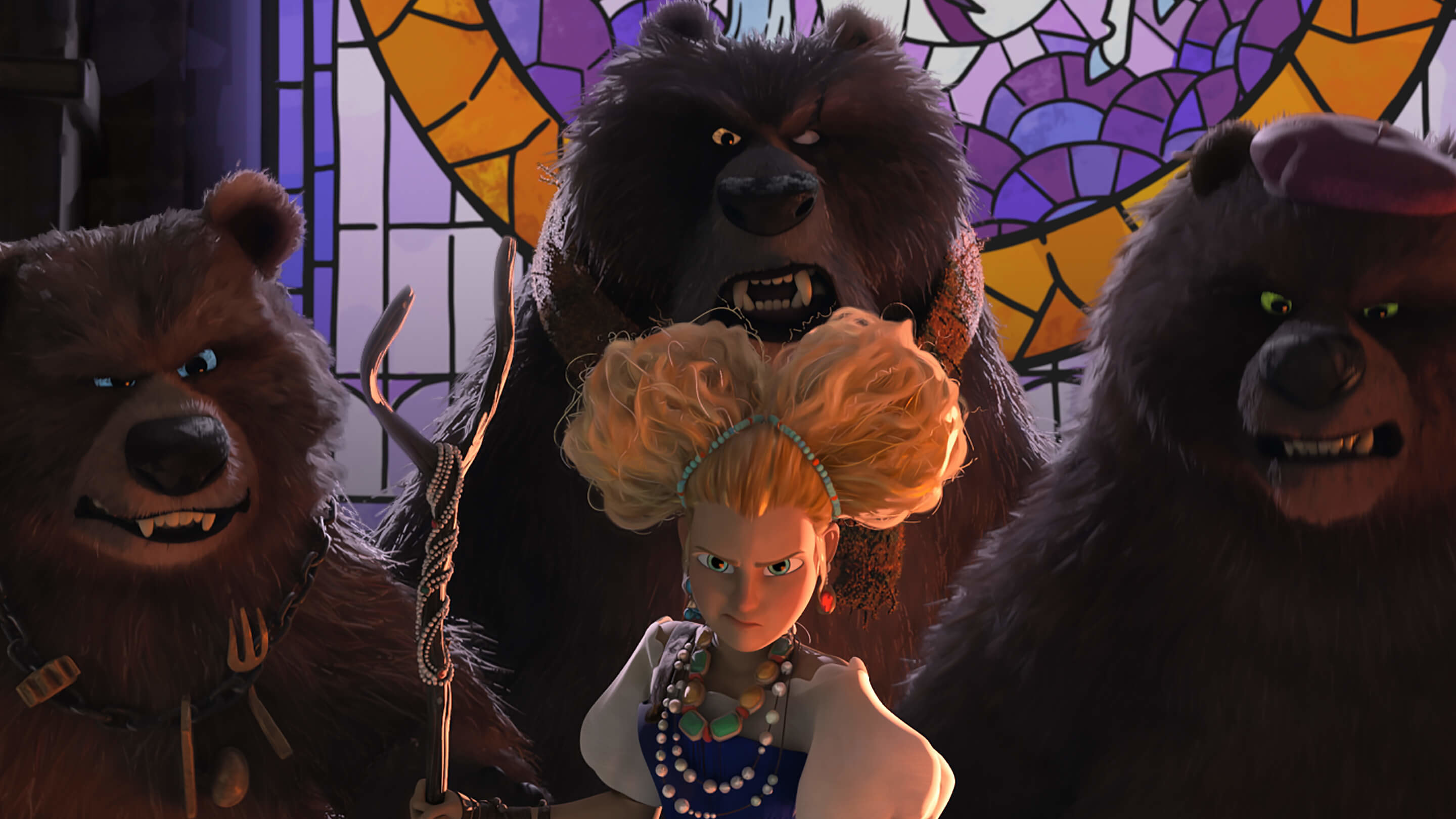 Goldilocks and the Three Bears stand in front of a stained glass window