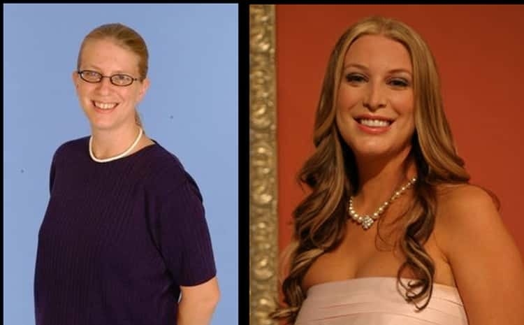 A perfectly beautiful woman on the left wearing glasses, a ponytail, and a t-shirt, and that same woman on the right with a blowout, pearls, and a full face of makeup