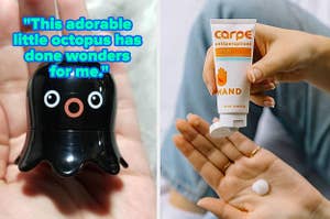 on left: black octopus-shaped blackhead remover. on right, hand squeezing container of carpe antiperspirant hand lotion