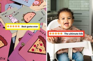 on left, cute taco, cat, goat, cheese, and pizza playing cards. on right, baby wearing light pink bib with rainbow print while sitting in high chair
