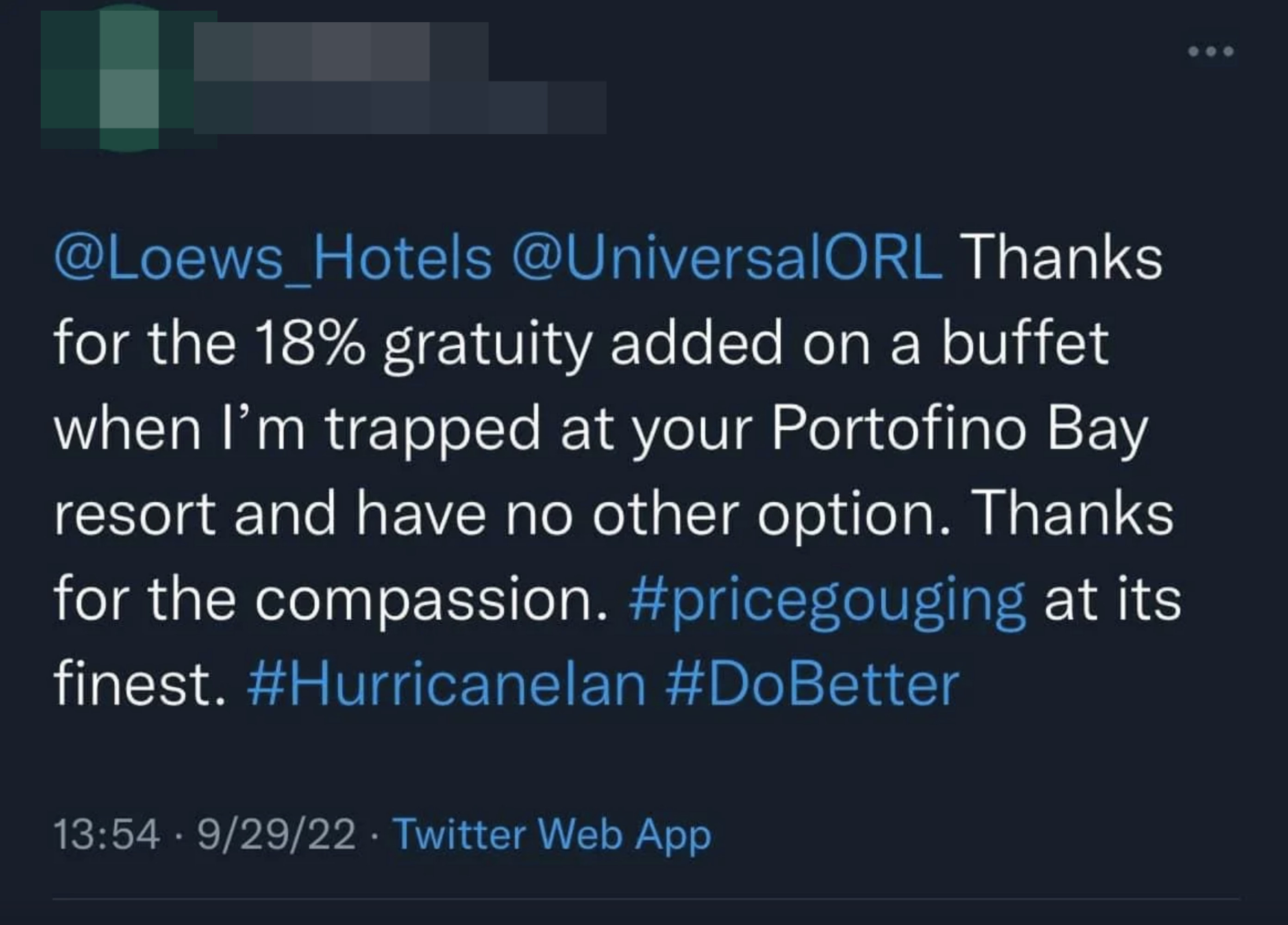 Someone sarcastically thanks Universal for adding 18% gratuity to their bill while they can&#x27;t leave during a hurricane and calls it &quot;price gouging&quot;