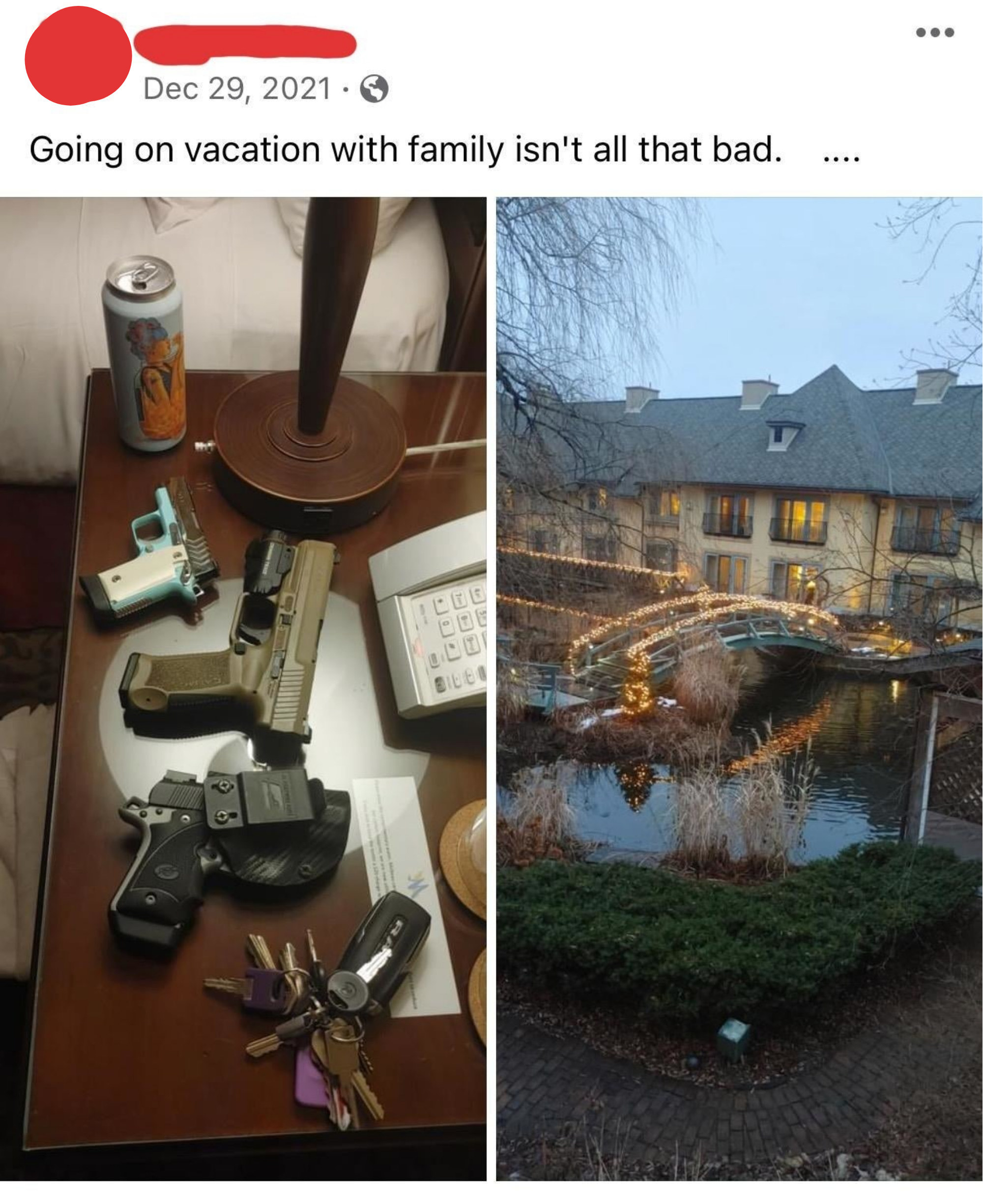 A post on social media says &quot;going on vacation with family isn&#x27;t all that bad&quot; and it&#x27;s a picture of three guns placed next to each other on a hotel bedside table