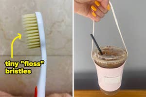 L: a rveiewer photo of a toothbrush and text reading "tiny "floss" bristles, R: a model holding a cup of iced coffee in a canvas sleeve with a shoulder strap 