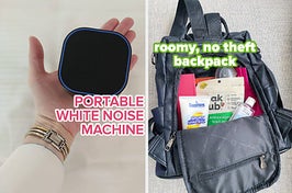 reviewer holding the small black noise machine in the palm of their hand "portable white noise machine" / BuzzFeeder's black faux leather backpack full of stuff in its theft-proof back pocket