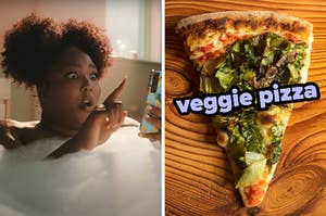 On the left, Lizzo scrolling on her phone in a bubble bath, and on the right, a slice of veggie pizza