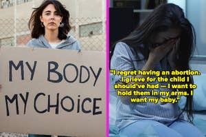 Woman holding "My body, my choice" protest sign; Pregnant woman crying in the hospital