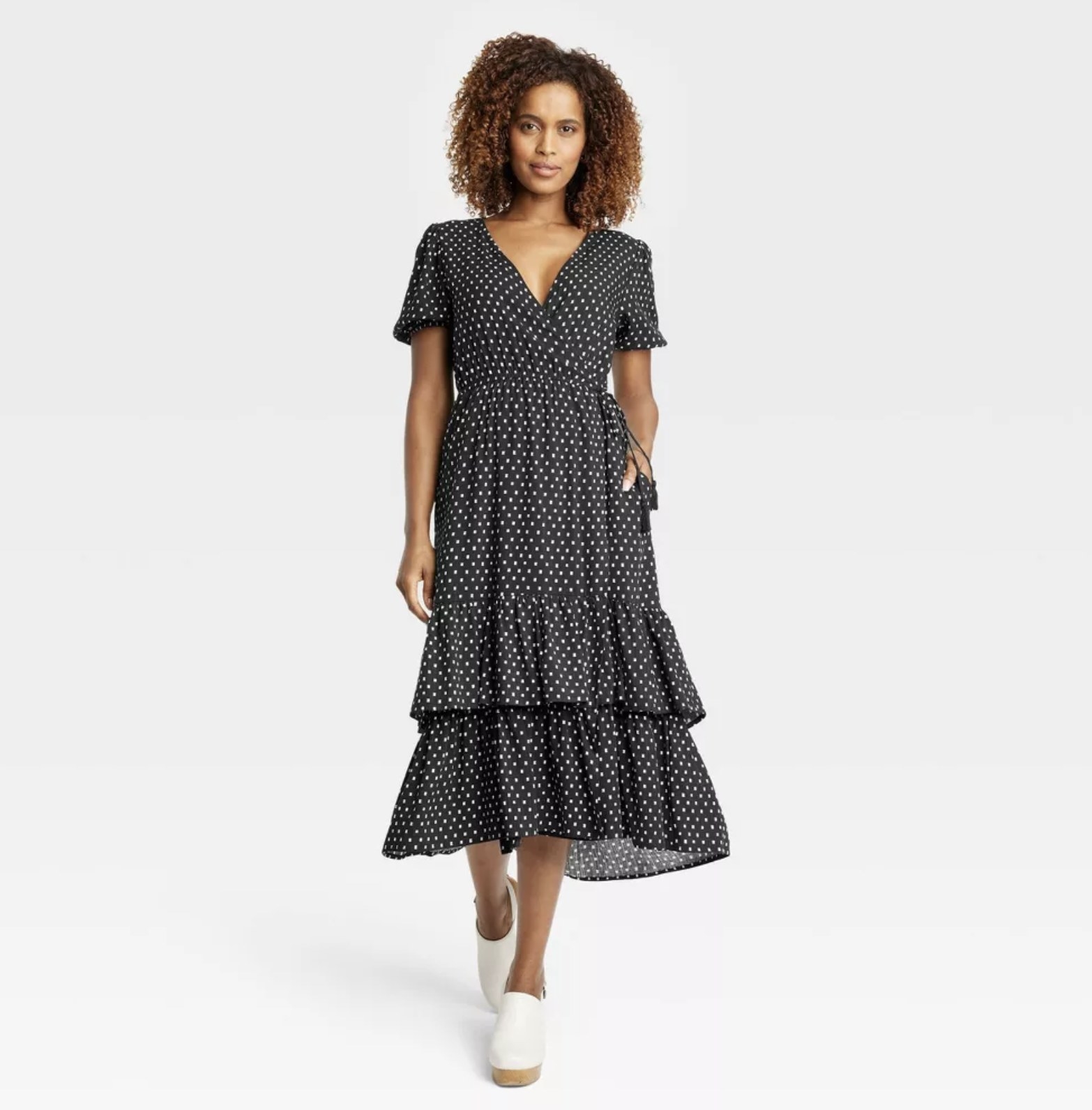 a short sleeve polka dot wrap dress