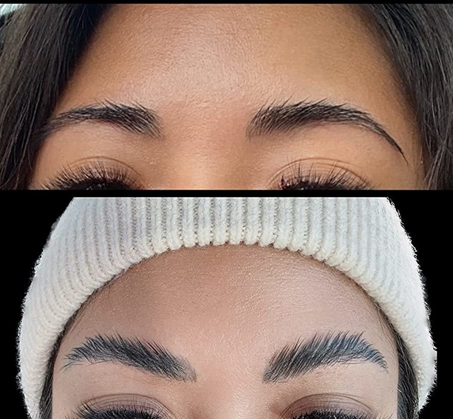 a before and after of reviewers brows using the soap brow kit