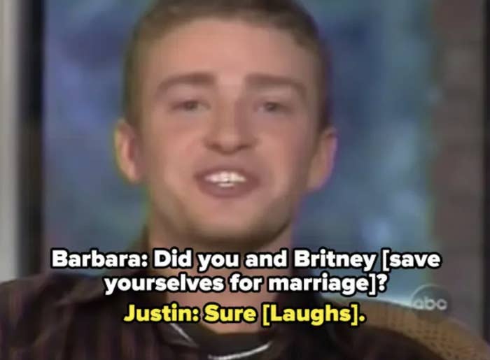 Justin laughs and answers sure to being asked if him and britney have saved themselves for marriage