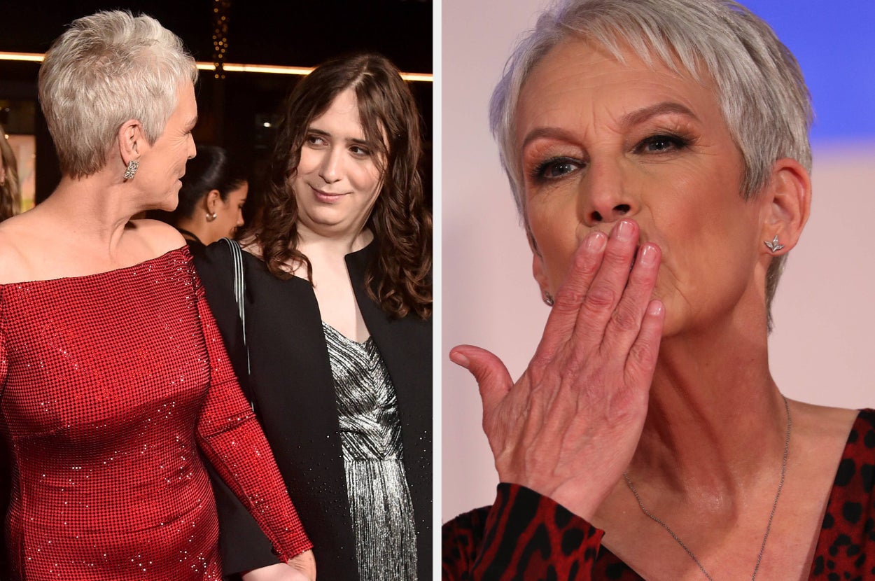 Jamie Lee Curtis holds her daughter Ruby's hand as Ruby smiles at her vs Jamie Lee Curtis blows a kiss