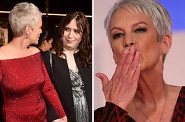 Jamie Lee Curtis holds her daughter Ruby's hand as Ruby smiles at her vs Jamie Lee Curtis blows a kiss