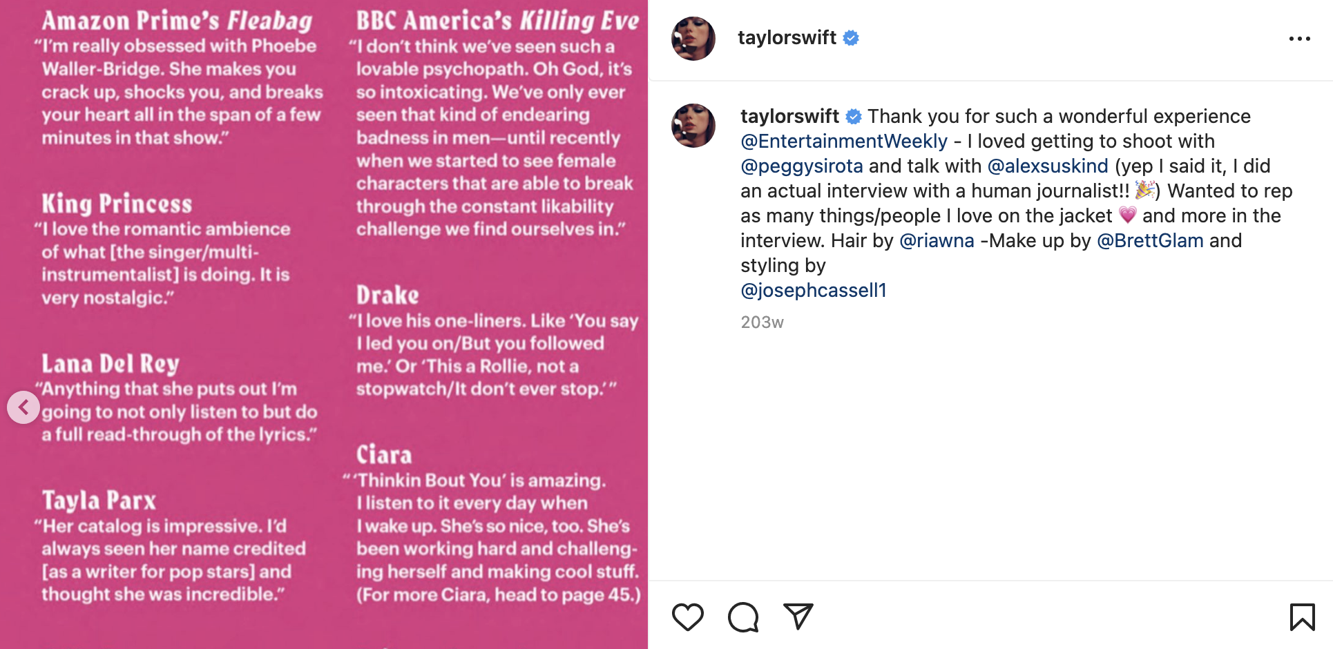 Screenshot of Taylor Swift&#x27;s interview and Instagram