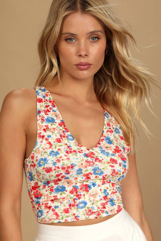 Red and White Floral Top - Crisscrossing Tank Top - Cropped Top - Lulus