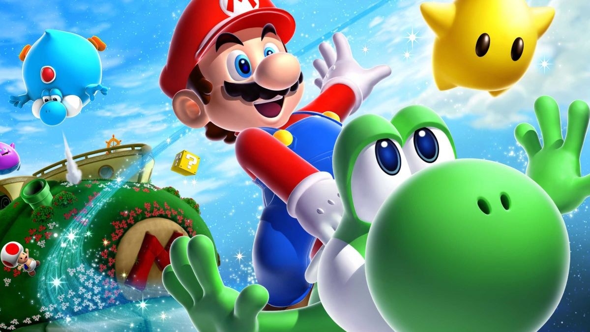 Mario riding Yoshi in the sky with a star beside them