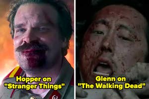 Side by side images of Hopper from Stranger Things and Glenn from The Walking Dead