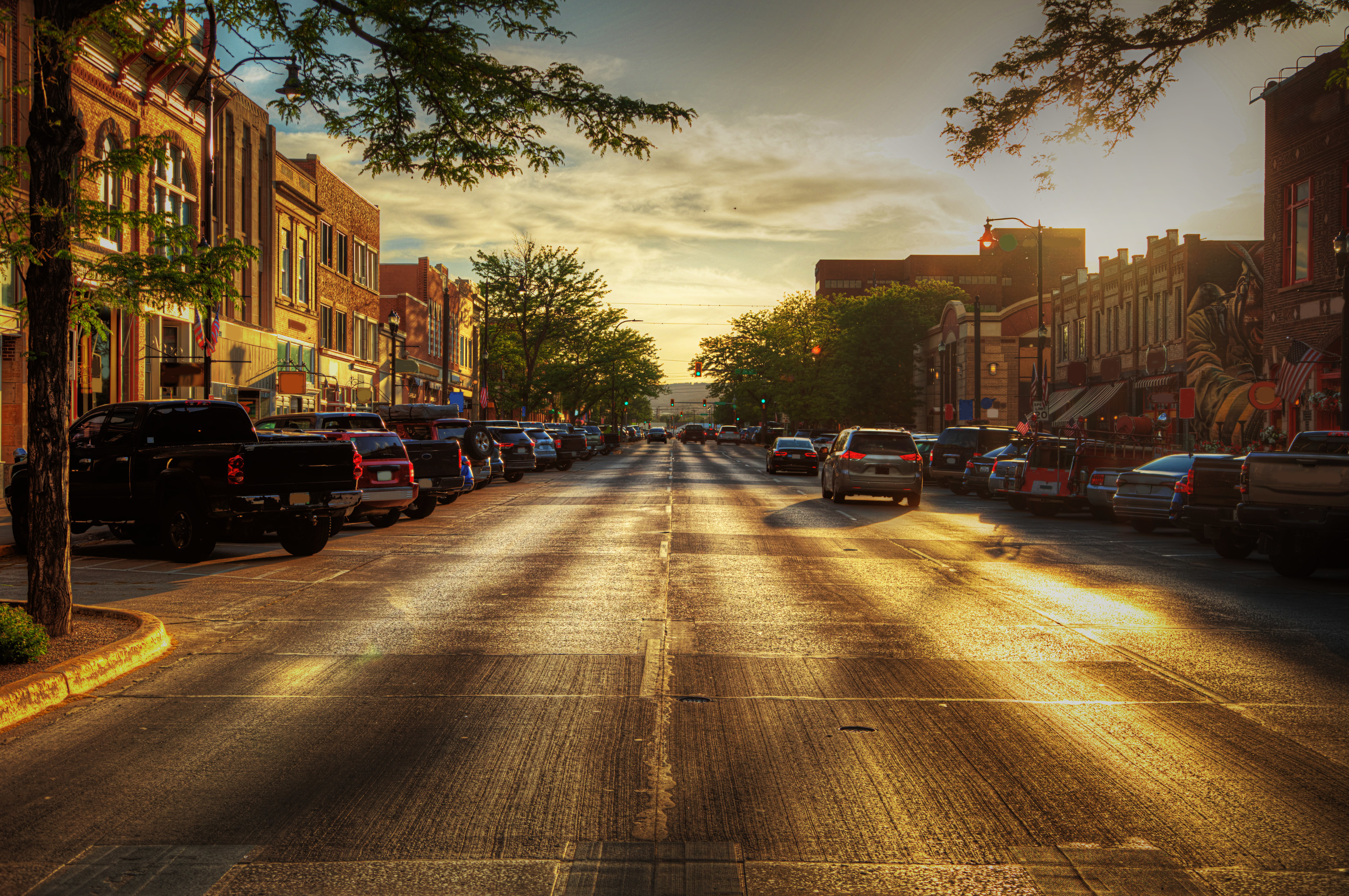 The sun sets on the main street of a South Dakota town