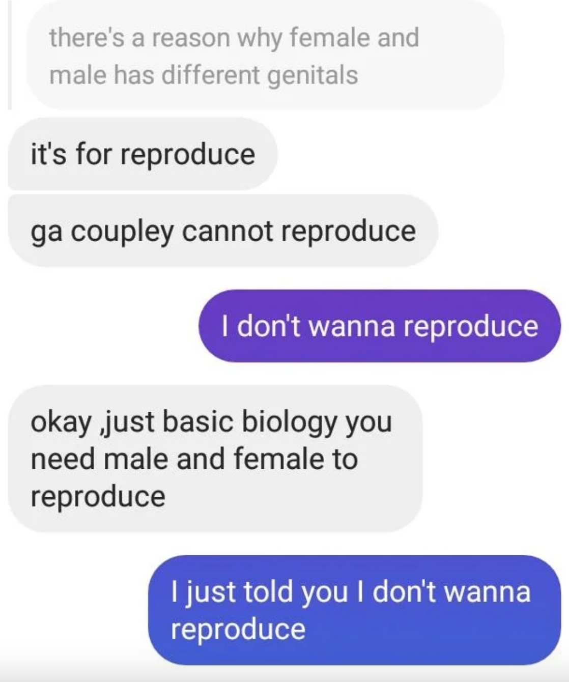 Man convincing woman that women are only &quot;good for reproduction&quot;