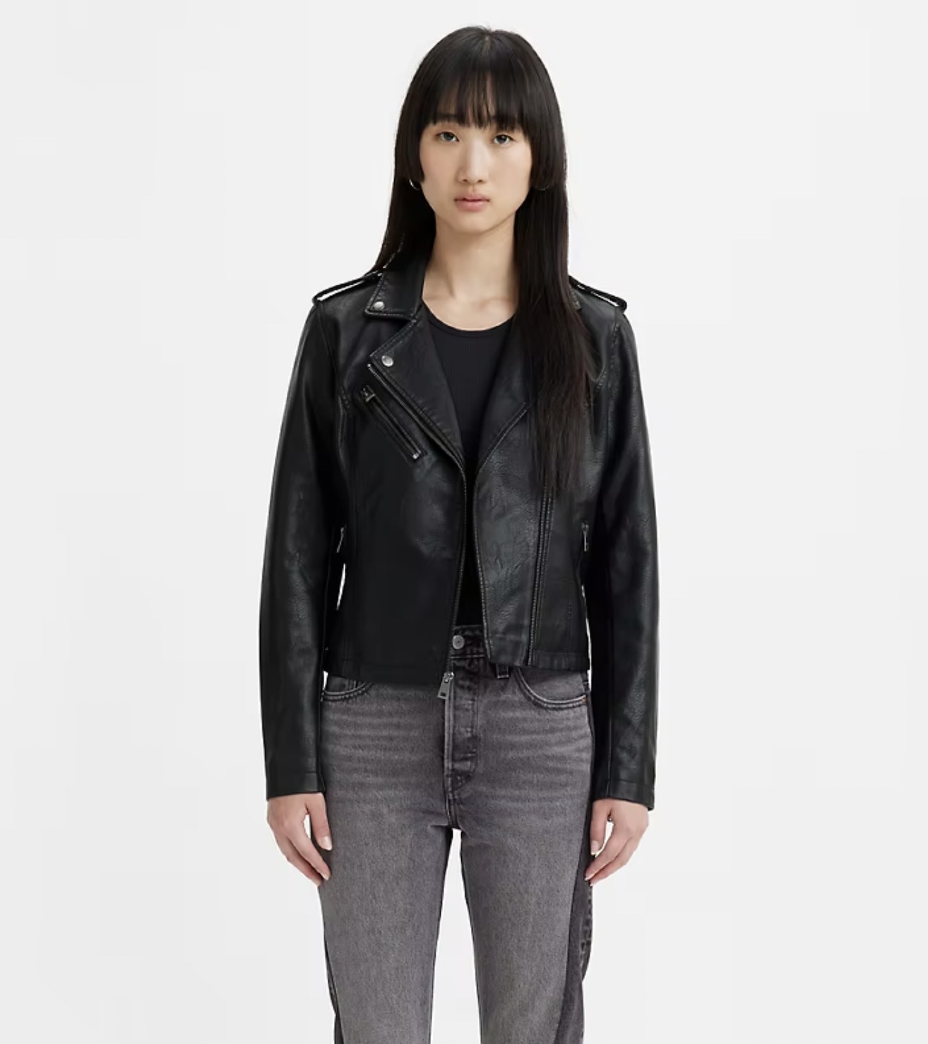 Model wearing the black jacket