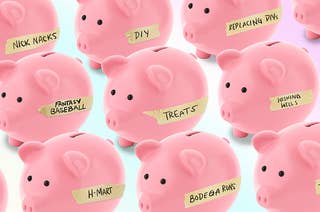Many piggy banks with masking tape labels that say: 