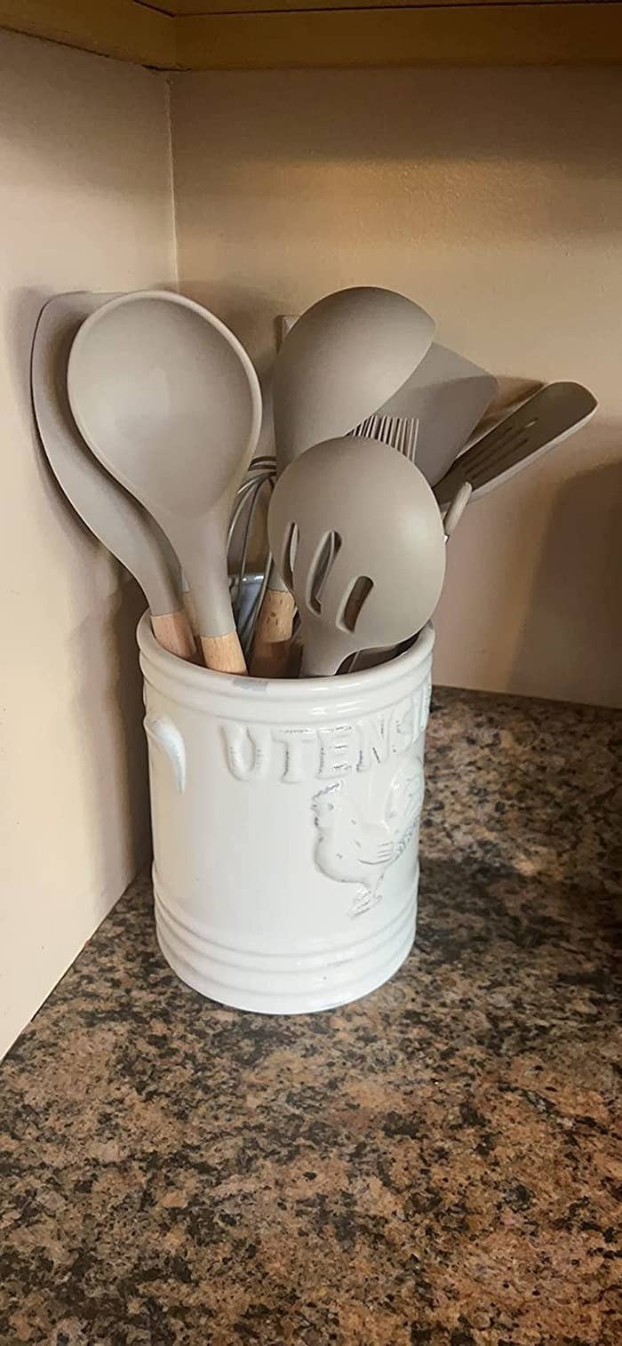 Reviewer&#x27;s photo of the kitchen utensils in the color Khaki