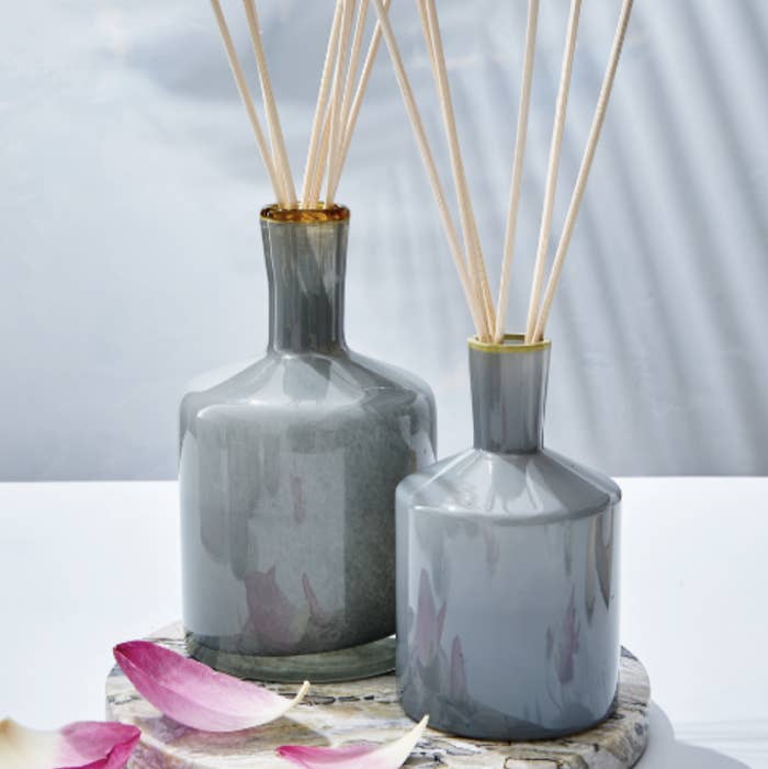 the gray Lafco reed diffusers on a table