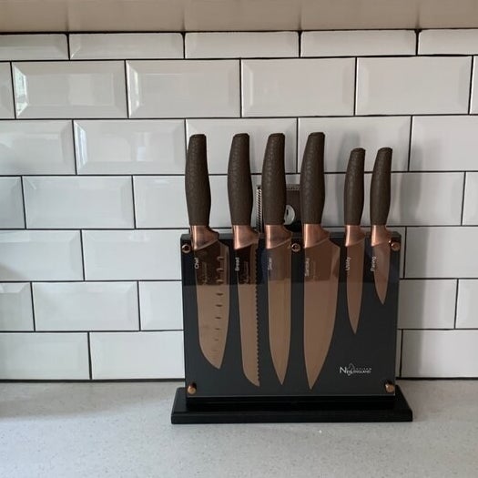 The clear knife set on a counter
