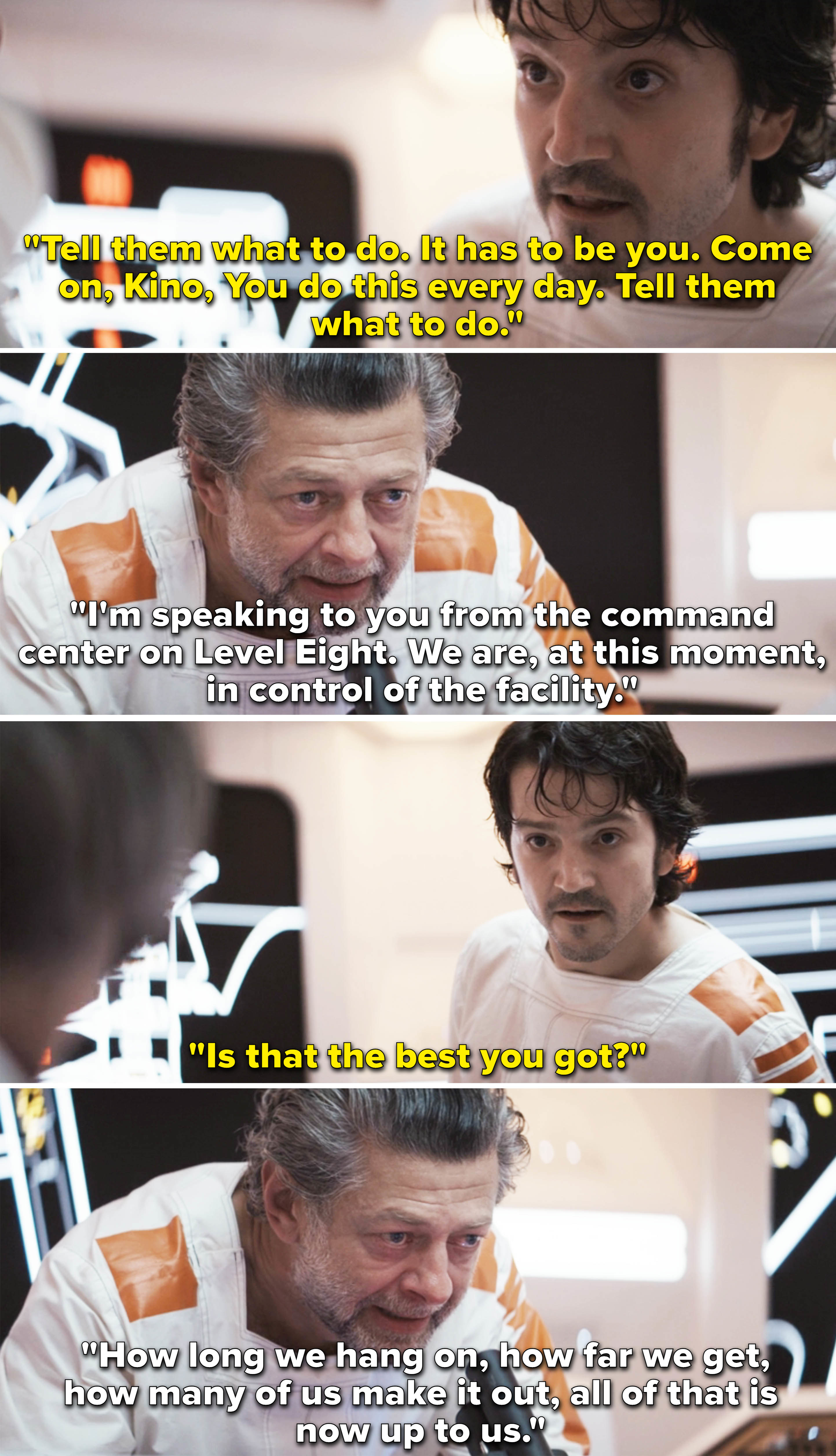 two characters talking to a command center and trying to figure out how long they can hang on and how many people will make it out