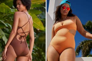 on left: model wearing brown criss-cross back one-piece. on right: model wearing orange one-piece with cut-out design