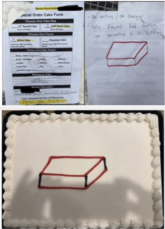 The request asks for no writing or design on the cake, just red icing along the sides, with a picture drawn for reference; a direct copy of that picture is drawn on the center of the cake