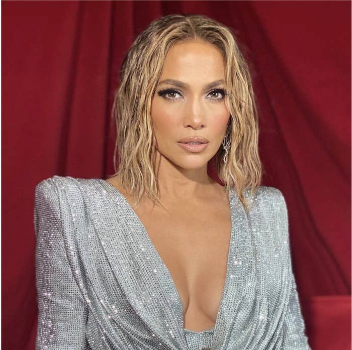 Jennifer Lopez sporting the wet-look hairstyle in a sparkly top