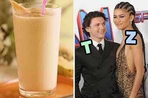 On the left, a mango and pineapple smoothie, and on the right, Tom Holland and Zendaya with T typed under his face and Z typed under hers