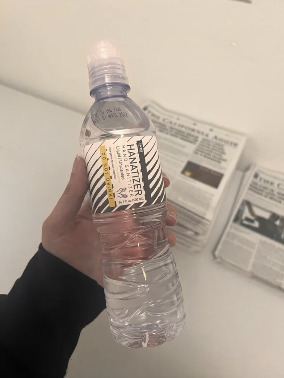 Hand sanitizer in a water bottle