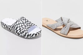 black and white pillow slide, flat sandal with gray and white strapped twist strap