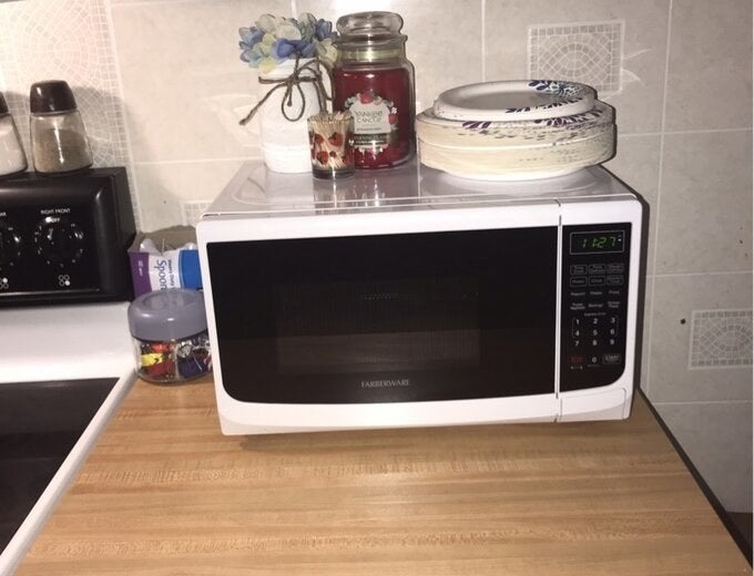 The microwave on a counter