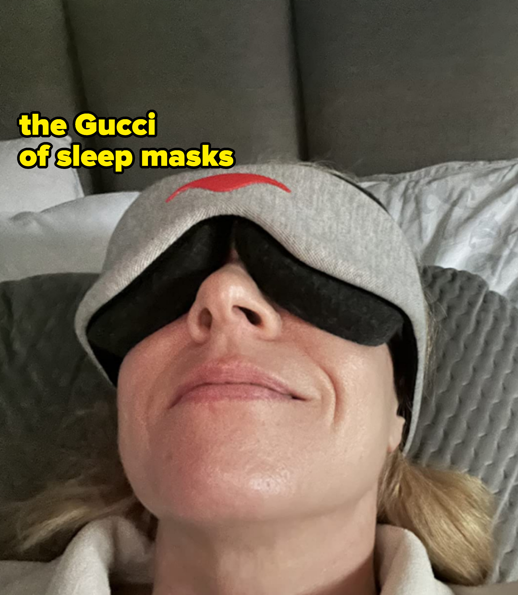 reviewer wearing the Manta sleep mask