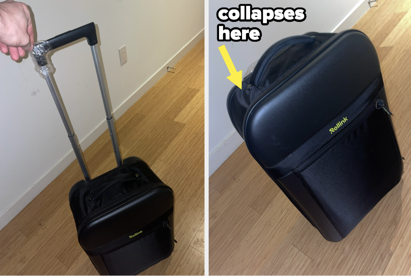 on left: the black Rollink collapsible suitcase with extendable handle. on right: same suitcase without handle extended