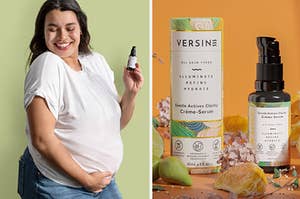 a pregnant person holding a serum bottle, a bottle of versine skincare illuminate refine hydrate face serum