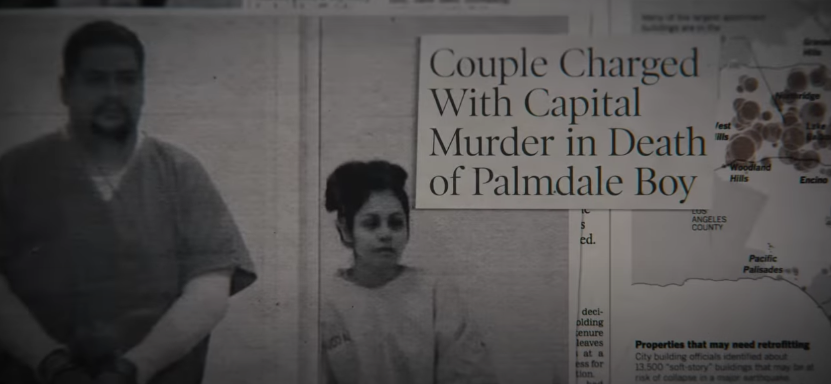 A newspaper reading &quot;Couple charged with capital murder in death of Palmdale boy&quot;