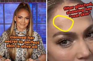 Jennifer Lopez claimed her secret to perfect skin is olive oil, but then the filter glitched, showing her real skim
