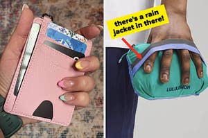 a person holding a small card holder, and a person holding a jacket folded up in a little pouch