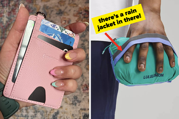 a person holding a small card holder, and a person holding a jacket folded up in a little pouch