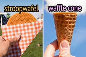 On the left, someone holding a stroopwafel, and on the right, someone holding a waffle cone