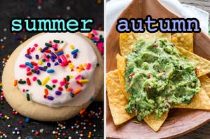 On the left, a frosted sugar cookie labeled summer, and on the right, some tortilla chips topped with guacamole labeled autumn