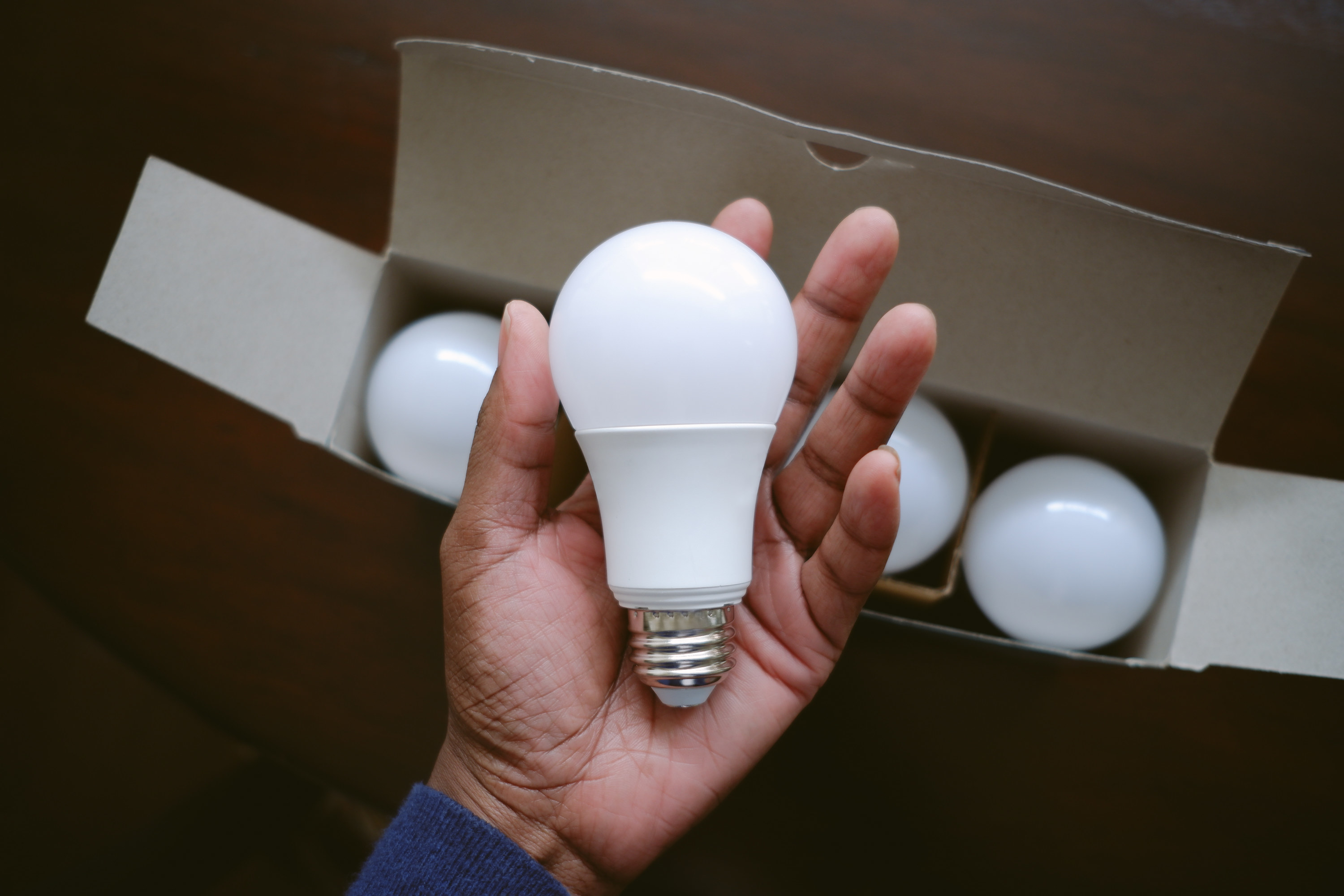 a hand holds an LED light bulb