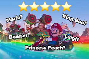 Mario is in a kart in front of the other characters driving on rainbow road