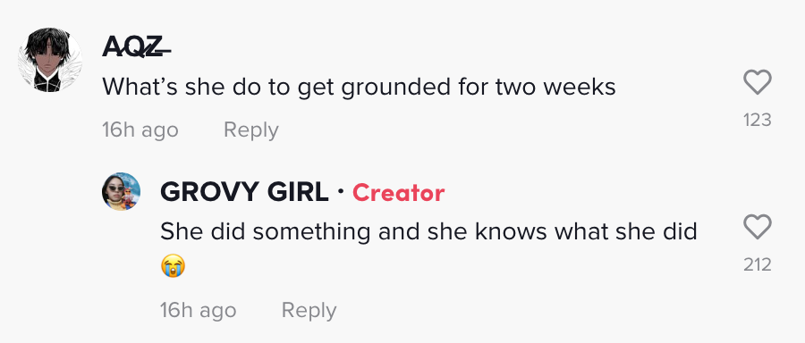TikTok screenshot of one user asking &quot;What&#x27;s she do to get grounded for two weeks,&quot; with Tram replying &quot;She did something and she knows what she did&quot;